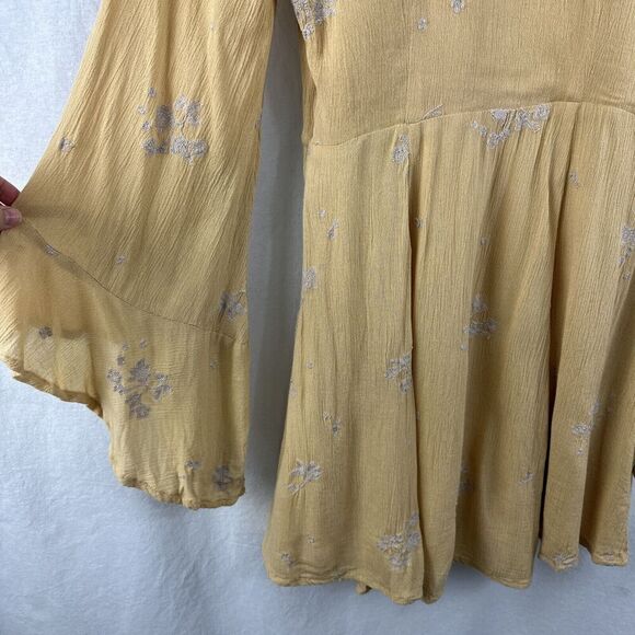 Free People Jasmine Embroidered Yellow Flare Sleeve Boho Mini Dress Womens S - Picture 13 of 15